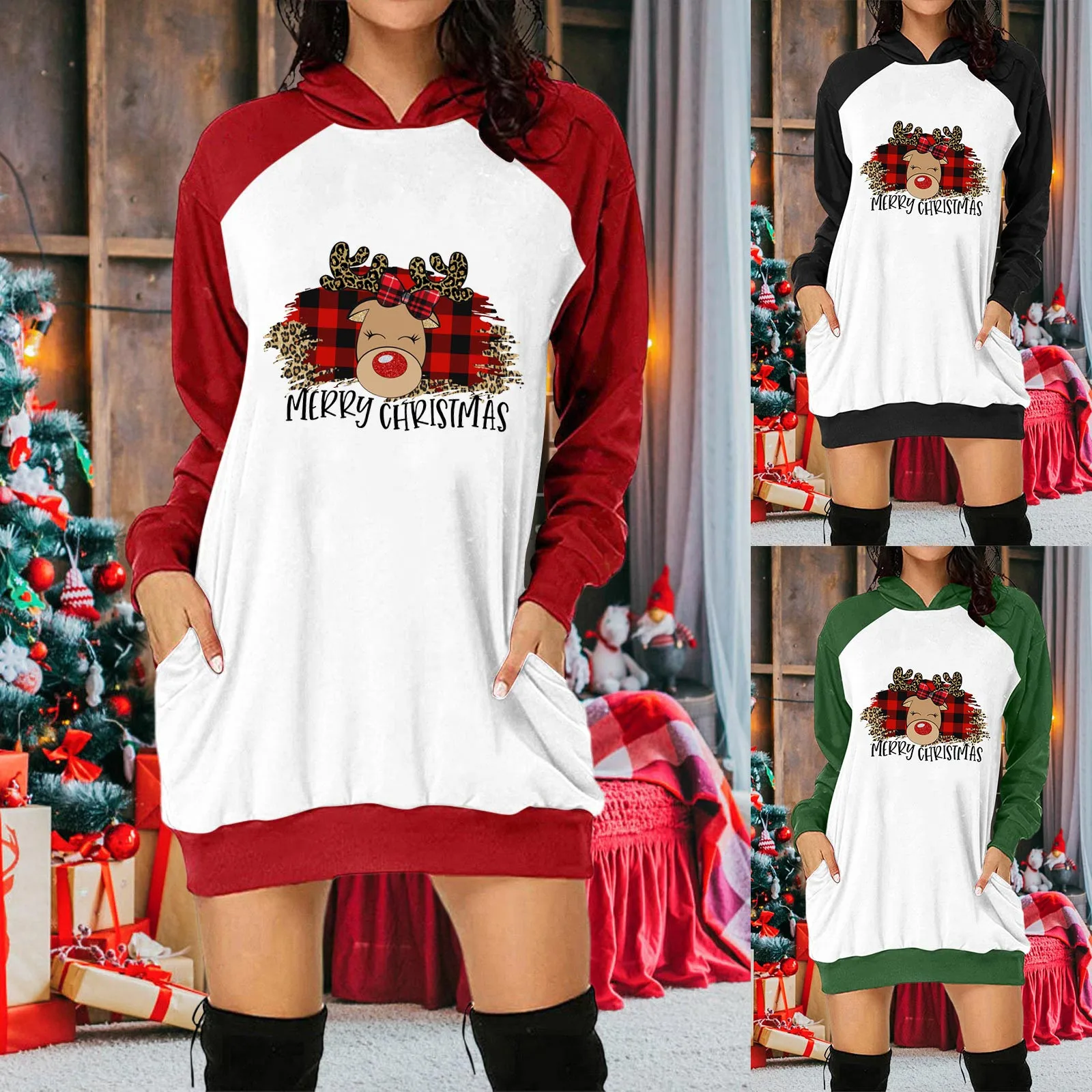 

Womens Long Sleeve Hooded Pockets Pullover Christmas Print Hoodie Dress Tunic Sweatshirt Womens Casual Dresses for Summer