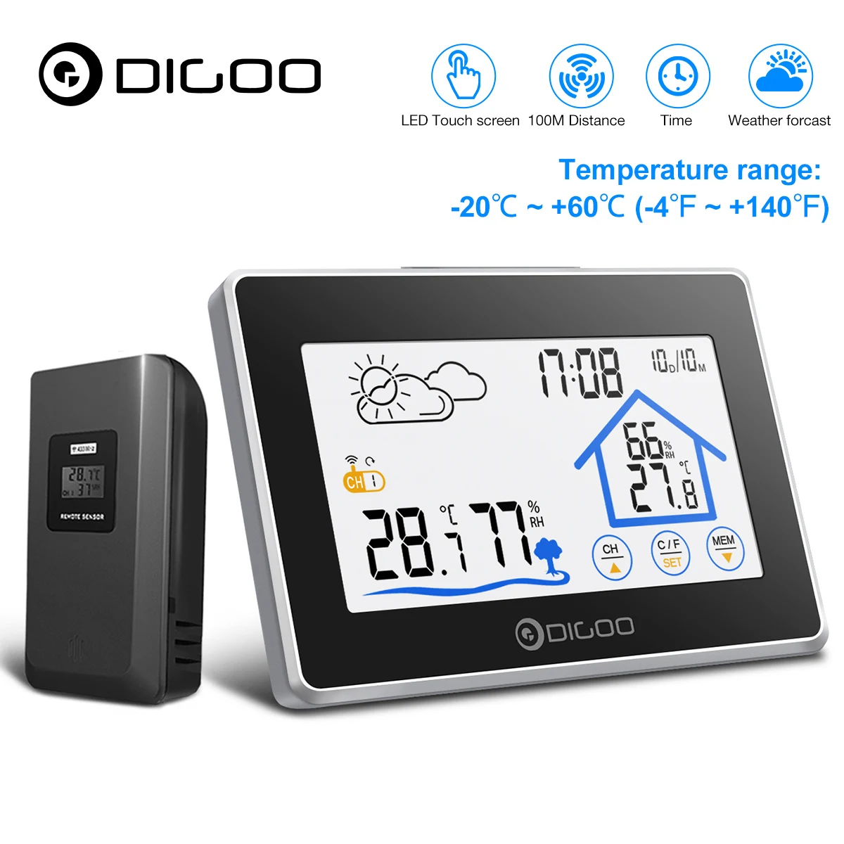 

Digoo DG-TH8380 Indoor Outdoor Wireless Touch Weather Station Forecast Sensor Thermometer Hygrometer Meter Calendar Backlight