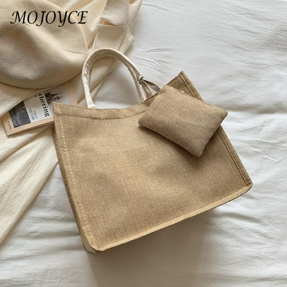 

Women Cotton Linen Totes Bag Large Capacity Handheld Handbags Ladies Vacation Shopping Canvas Gift Storage Bag with Small Clutch