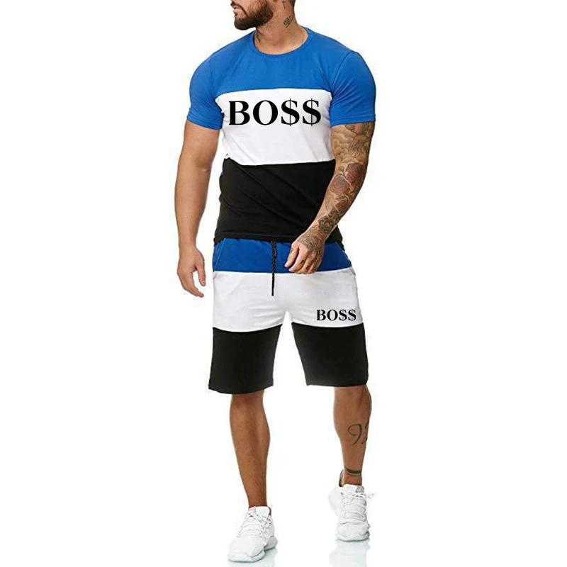 

2323 Men's Bodybuilding Striped Tracksuits Summer Casual Cool Short Sleeve Print Sports Streetwear Graphic T-shirt Shorts Set