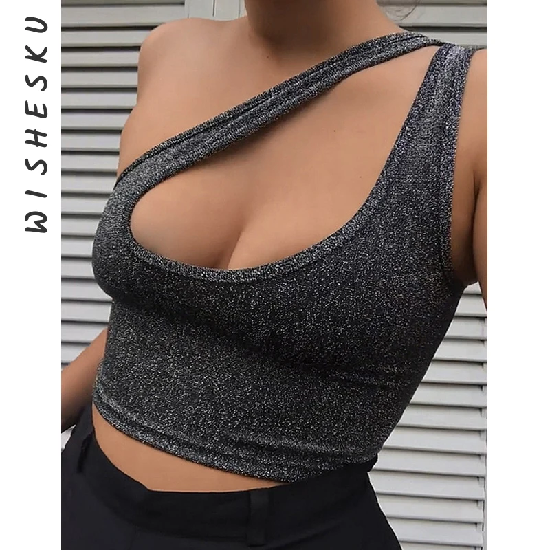 

Кроп-Топ женский облегающий с вырезом на плечах, пикантная Повседневная Спортивная майка с блестками, модная одежда в стиле Харадзюку, Лоли...