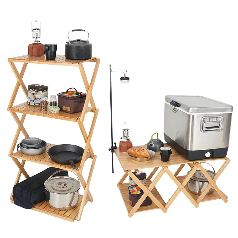 

Outdoor Solid Wood Folding Table Camping Table Multi-layer Rack Camping Self-driving Tour Dual-purpose Portable Storage Table