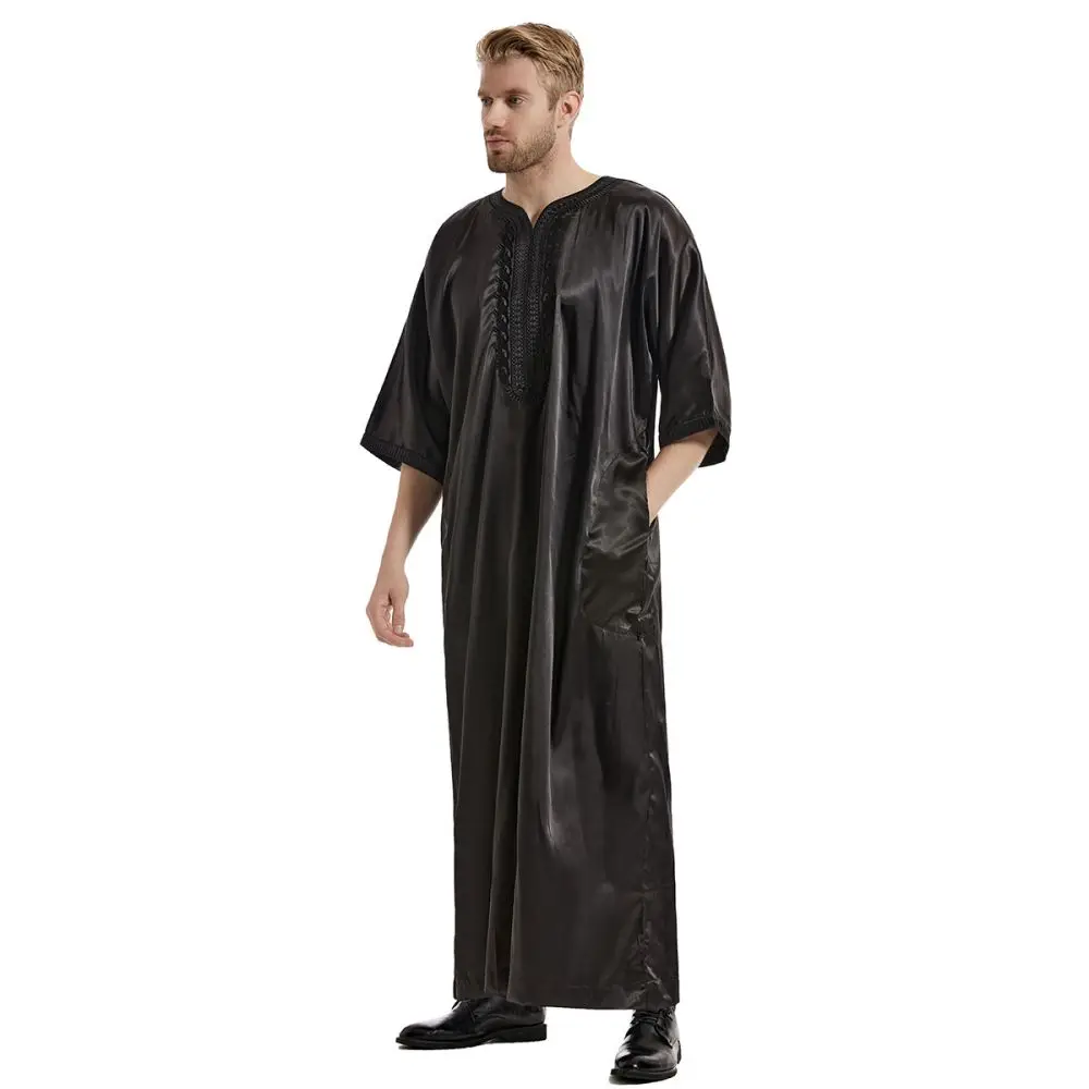 Middle East Muslim Robe Men's Arab Islamic National Costume New Satin Mid-Sleeve High Sense Top Large Size Loose Long T-Shirt