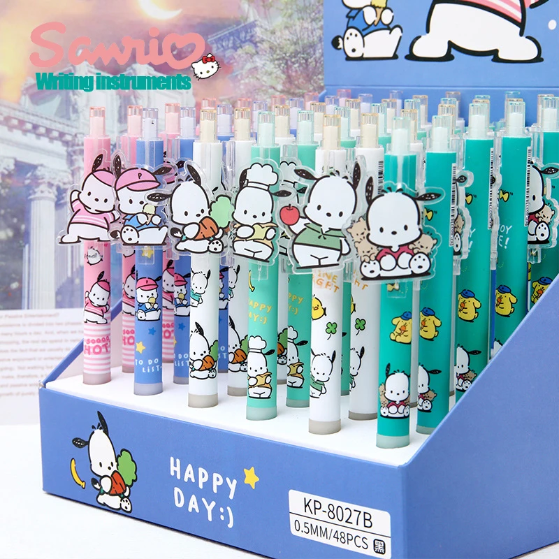 New 48pcs Sanrio Cartoon Pachacco Rollerball Pen 05mm Black Gel Pen Display Box Wholesale Acrylic Patch Cute Student Stationery