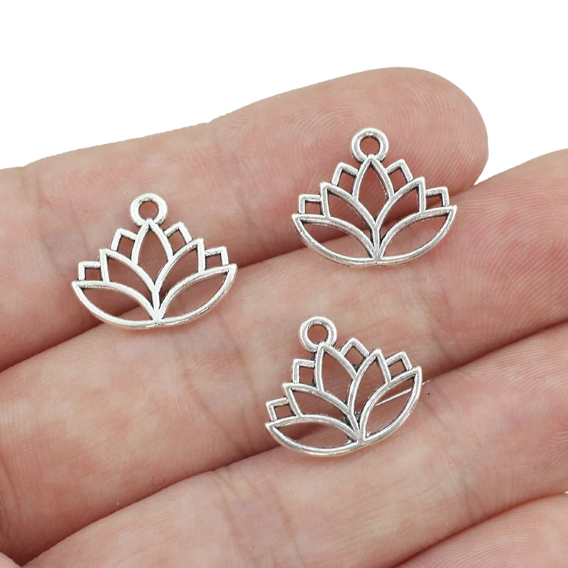 

20Pcs 14*16mm Antique Silver Color Alloy Lotus Flower Charms Hollow Necklace Pendant Accessories Charms For Jewelry Making