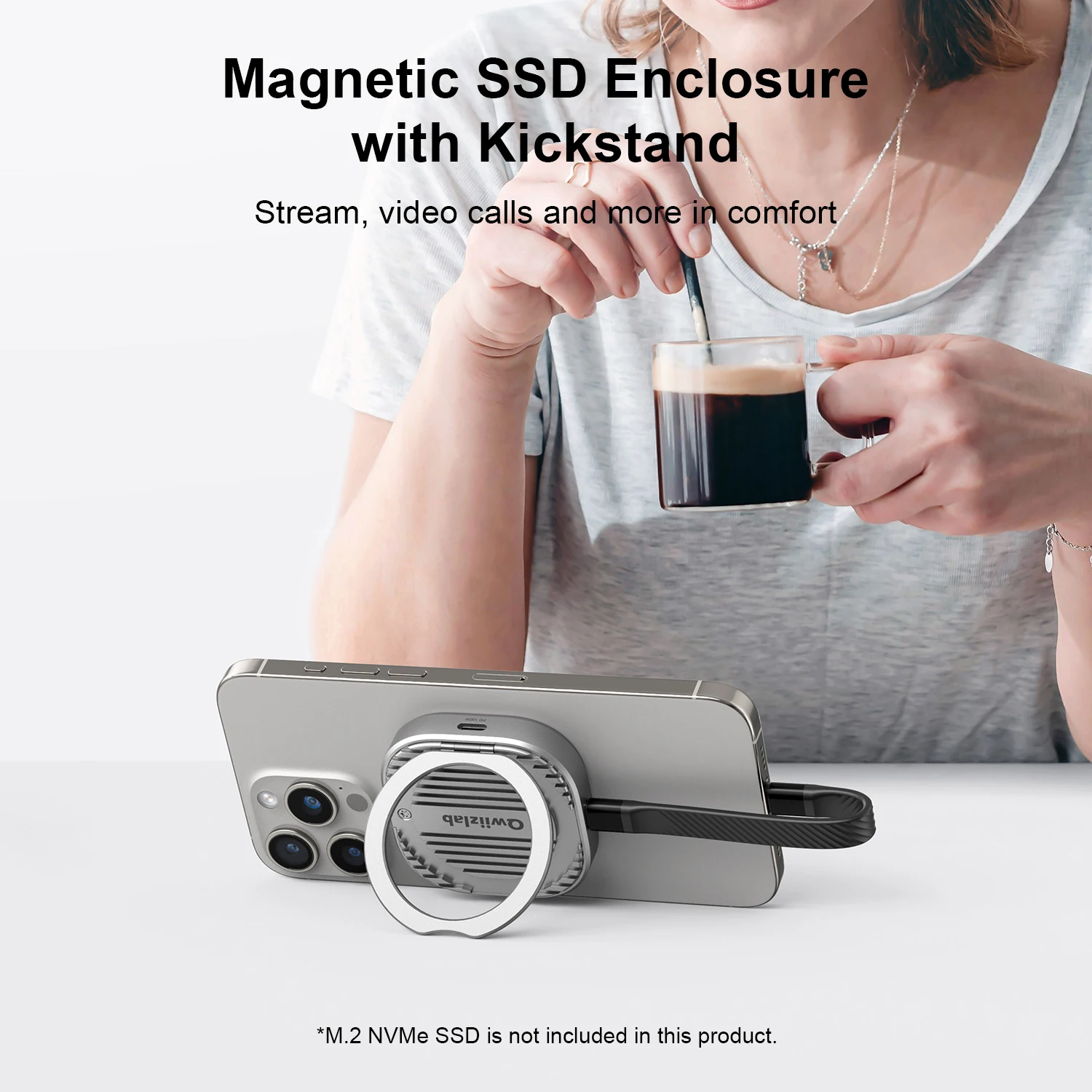 Фото Qwiizlab Magnetic M.2 2230 NVMe SSD Enclosure with Kickstand and Magsafe for iPhone 16 15 Pro Max ProRes, 10Gbps USB 3.2 Type-C №5