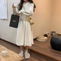 2022spring fall solid color hooded sweater dress women thin waist warm velvet a line long dresses patchwork ruched dress fashion