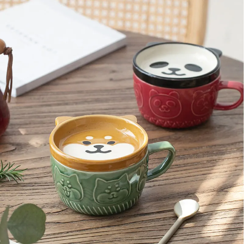 

Japanese Cute Mug Set Ceramic Shiba Inu Panda Cat Cup With Lid Creative Couple Mugs For Coffee Milk Tea Juice Kitchen Drinkware
