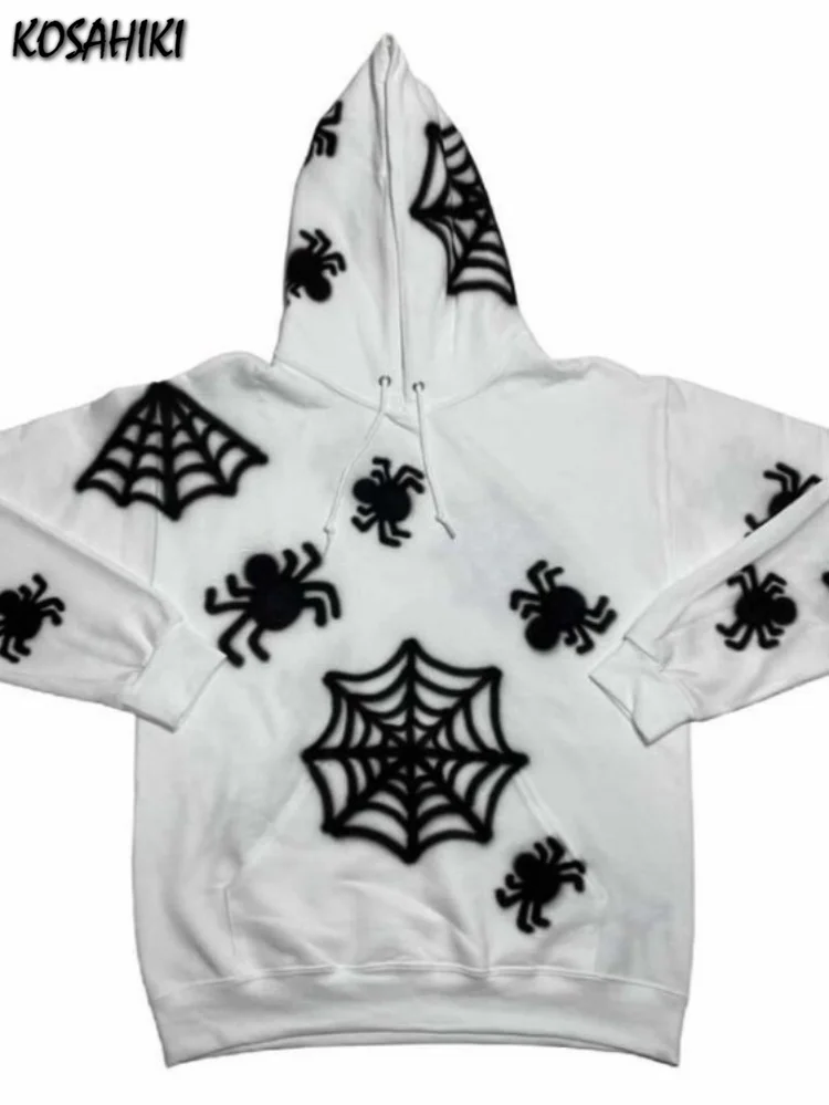 

Женский и мужской свитшот с капюшоном Y2k, винтажный Свободный Топ в готическом стиле с длинным рукавом и принтом в виде паука, в стиле Харадзюку, осень 2023