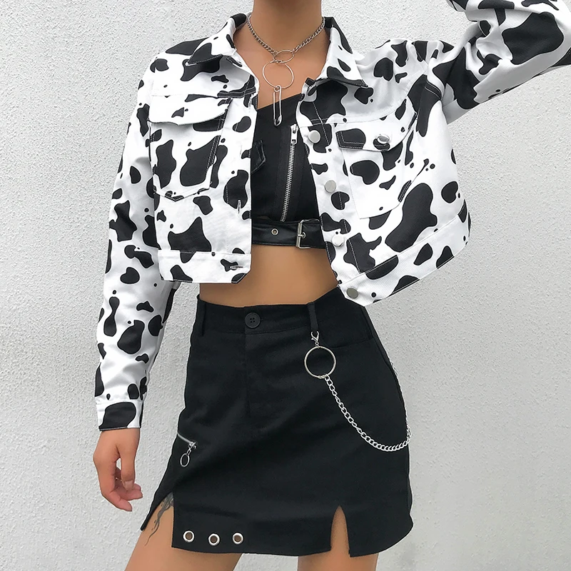 

Harajuku Streetwear Cow Print Cropped Female Jacket Casual Buttons Coat Women Cardigan Spring Autumn Jackets Outwear 2021 New