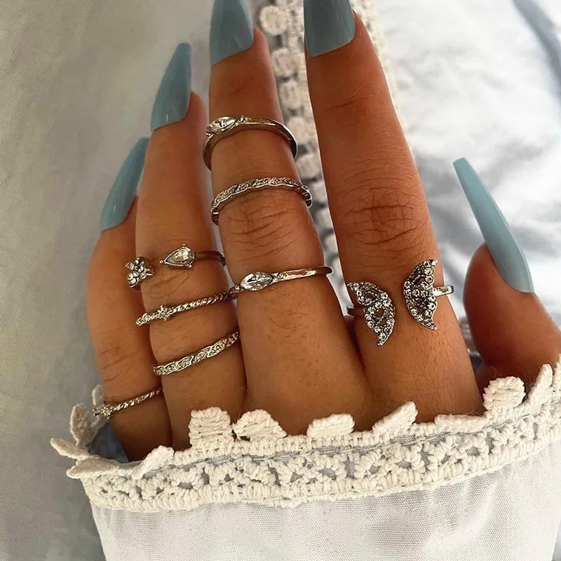 

Vintage Bohemian Star Moon Butterfly Gold Color Ring Sets Zircon Flower Leaf Open Rings for Women Simple Knuckle Accessories