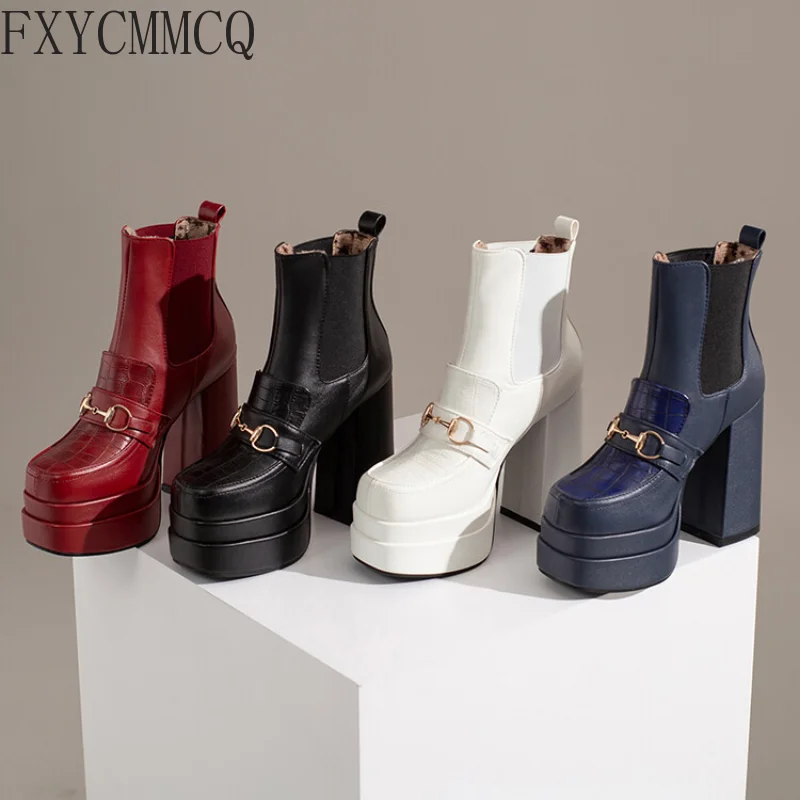 FXYCMMCQ 2022 Autumn and Winter Trendy Square Toe High-heeled Short Boots Temperament All-match Women's Boots 33-67