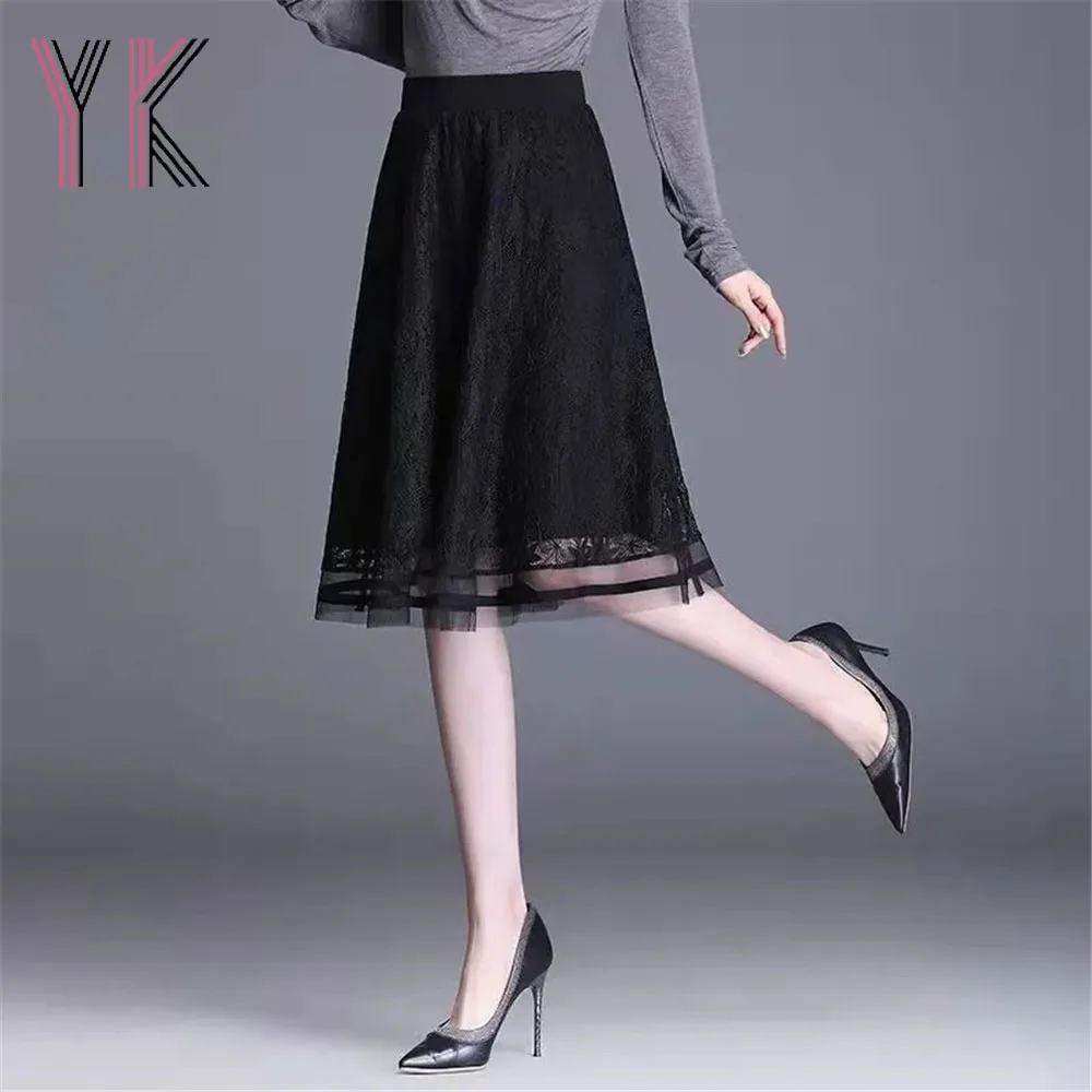

Lace Mesh Stitching Elastic Band High Waist A-Line Skirts Elegant Mom Black Short Skirt Women Casual Wild Korean Fashion Saia