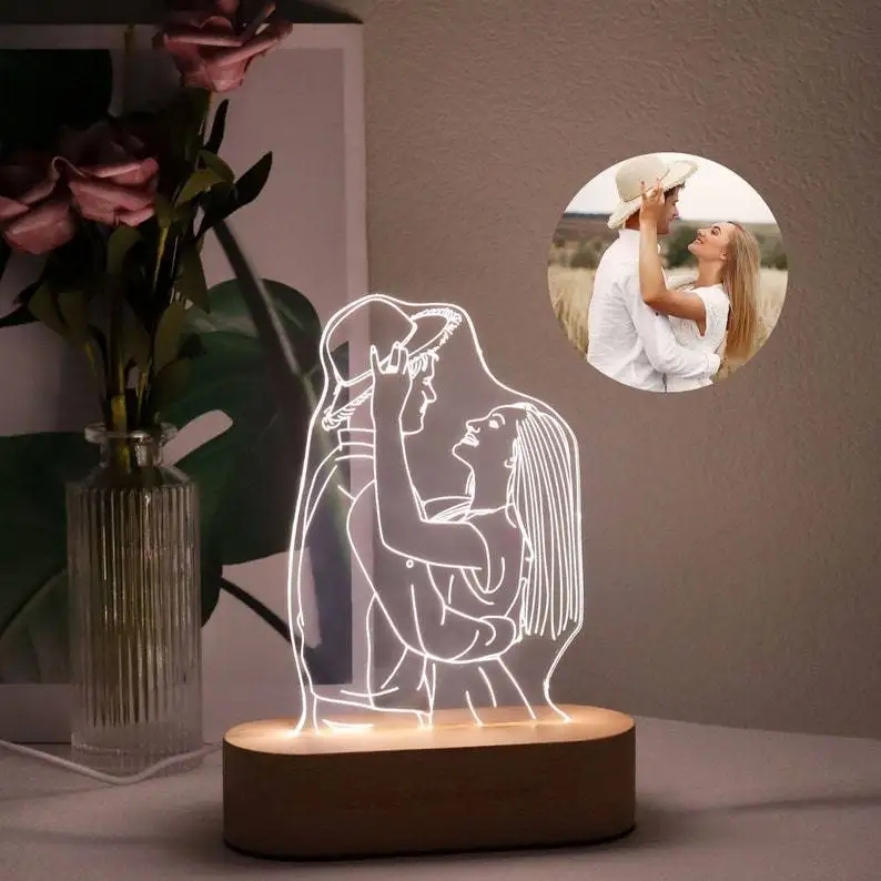 

Dropshipping Custom Line Art Photo Lamp Personalized Wooden Base USB LED Night Light Wedding Anniversary Birthday Gift for Her