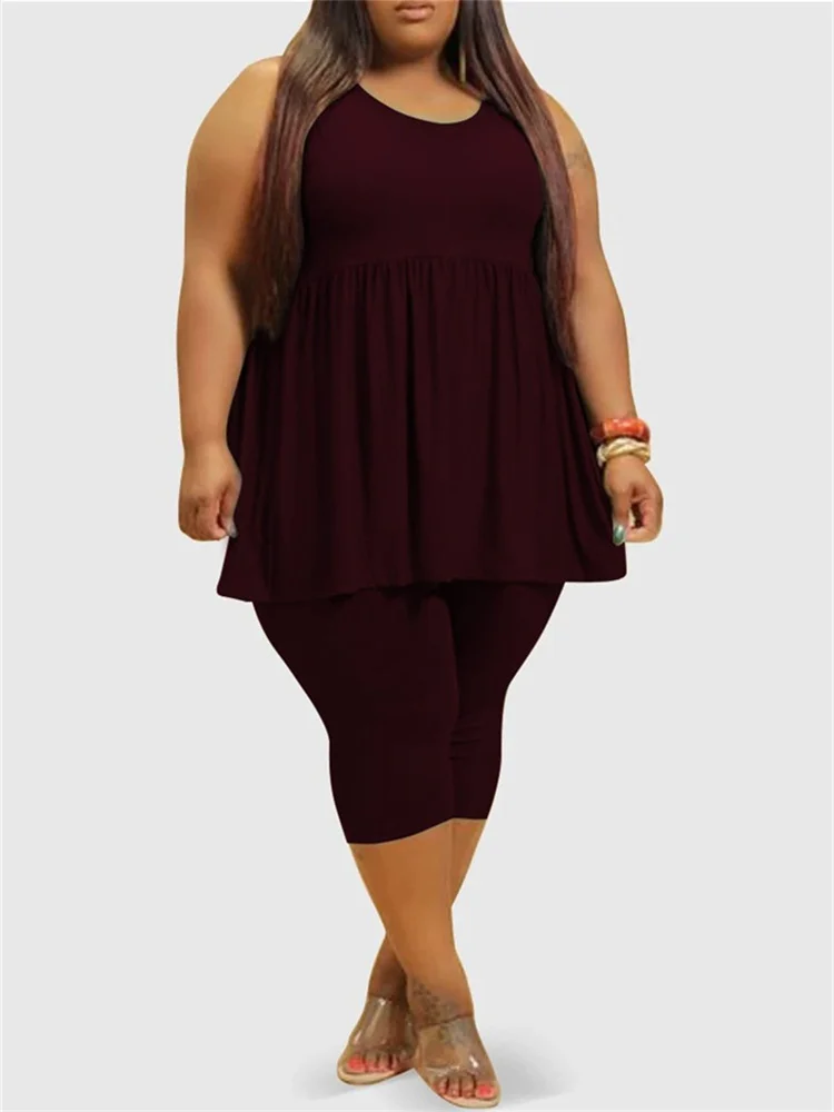 Plus Size Two Piece Women's Summer Clothing Sleeveless Draped Solid Casual Cute Loose Short Sets Whole 3xl 4xl 5xl 6xl