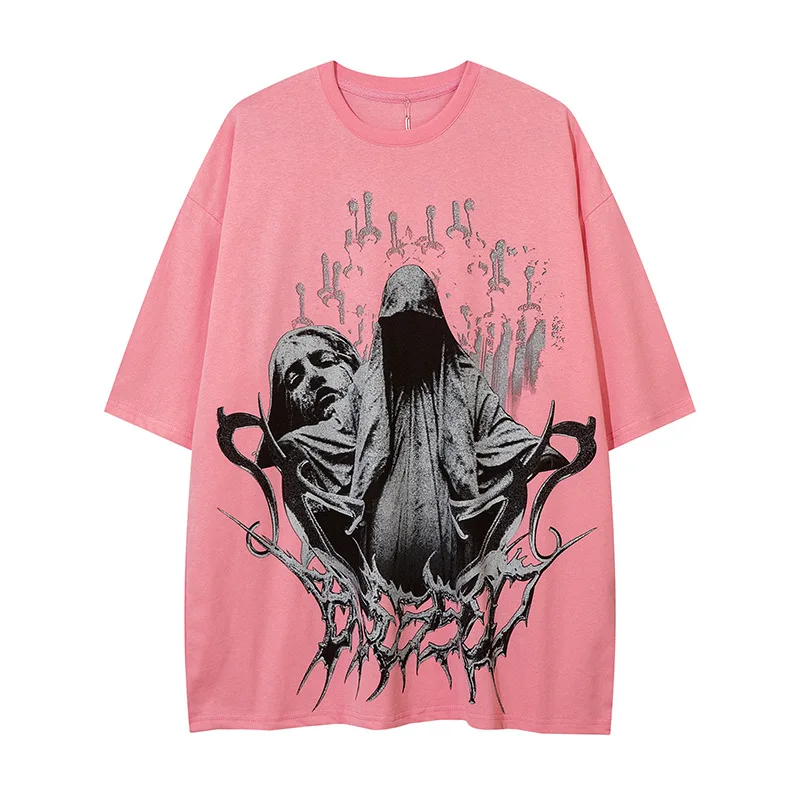 

High Street Printed Casual Summer T-shirt Men Fashion 2022 Short Sleeves Top TShirt Black Harakuju Cotton