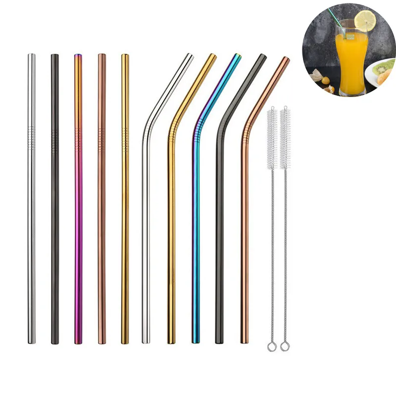 

Metal Reusable 304 Stainless Steel Straws Straight Smoothies Bent Drinking Straw Case Cleaning Brush Set Party Bar Accessory
