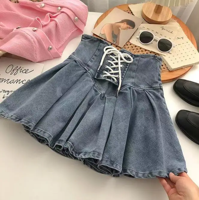

2023 Korean kids girls denim ruffles skirt spring cotton fashion baby teenager CROSS girls skirt 3-14T clothes