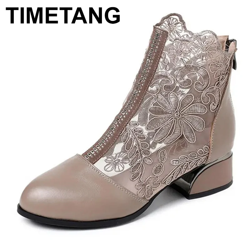 

Summer New Arrival Fashion Thick High Heels Crystal Embroidery Cut Out Mesh Genuine Leather Women Ankle Short Modern Boots 2023