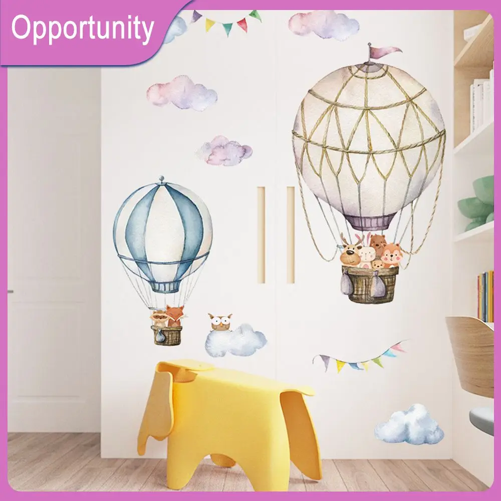 

Pvc Mural Art Watercolor Animal Hot Air Balloon Cloud Wall Sticker Background Wallpaper Decorative Mural Art Decal Cartoon Decal