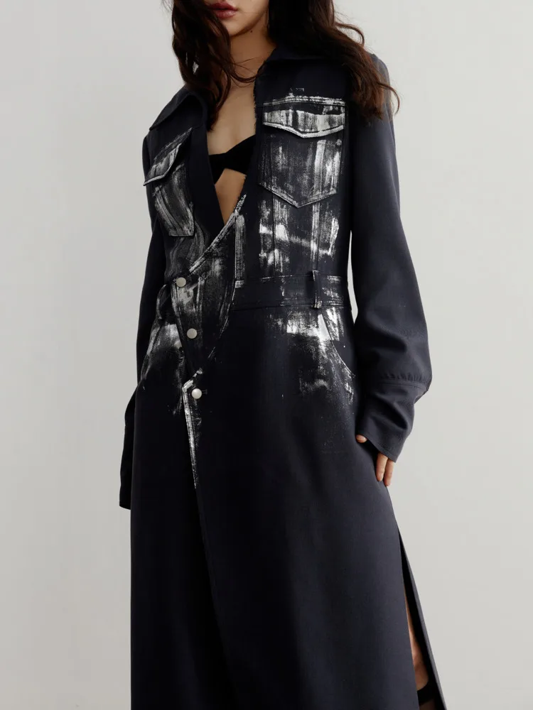 Женский блейзер BZVW свободный дизайнерский Длинный темно-синего цвета модель 1df6138