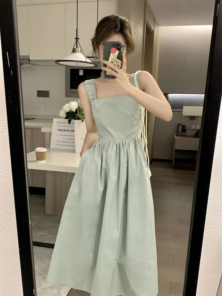 

Summer Long Dress Elegant Women Sleeveless Pleated Casual Square Neck Party Holiday Sundress Robe Femme Vestidos Korean Dresses