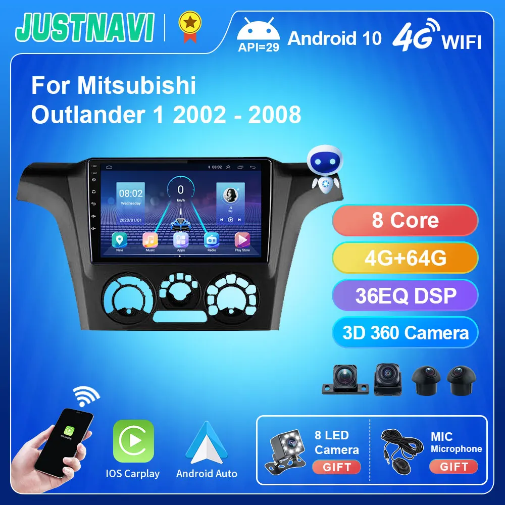 

Автомагнитола JUSTNAVI, стерео для Mitsubishi Outlander 1 2002-2008, Авторадио Android 10,0, автонавигация, GPS BT, головное устройство