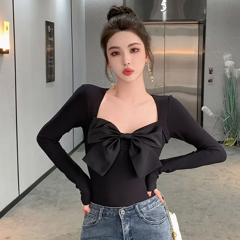 

Блузка женская однотонная с длинным рукавом, приталенная Повседневная рубашка из хлопка с бантом, модный топ с квадратным вырезом, лето 2023