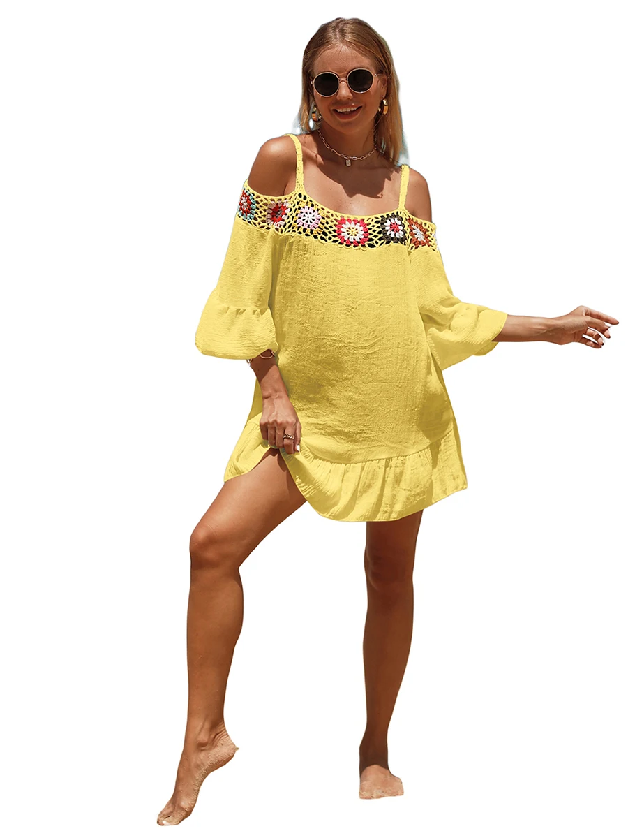 

Women Cover-ups Swimsuit Beach Dress Off Shoulder Hollow Out Swim Coverup Crochet Summer Beach Cover Up Dress