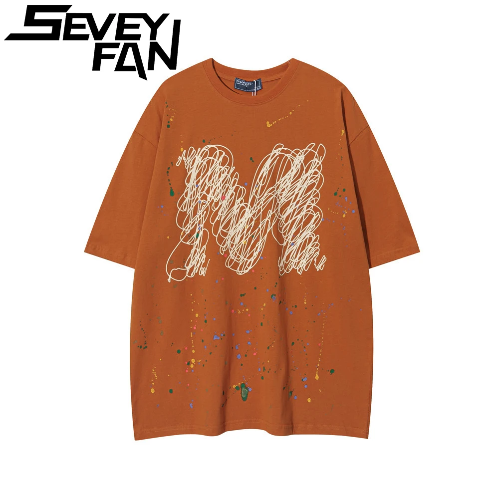 

Футболка мужская с надписью граффити, модная Свободная рубашка в стиле хип-хоп с коротким рукавом, винтажная верхняя одежда с масляной росписью, для отдыха