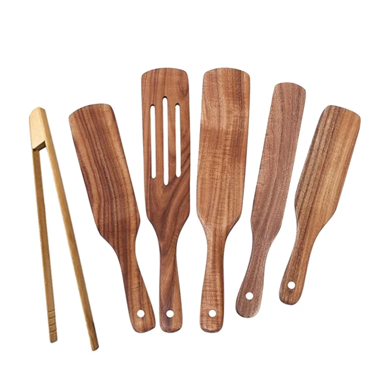 

6-Piece Cooking Utensils Set Natural Teak Kitchen Wooden Cooking Utensils Set Spatula Slotted Spatula