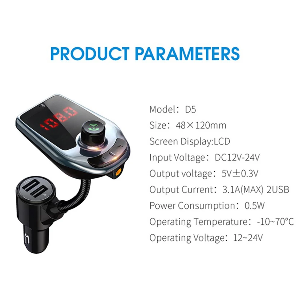 

87.5MHz-108MHz Car Accessories Replacement Car Charger Kit 1 Pcs 12V-24V 3 Interface Car Bluetooth FM Transmitter