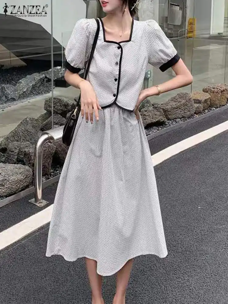 

ZANZEA Women Bohemian Dress Sets Summer Puff Sleeve Shirt Tops Elegant Skirts Casual Solid Outfits Holiday Beach Matching Sets