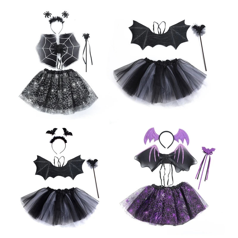 

Новинка 2023, набор костюмов паука/Летучая мышь с ушками, повязка на голову, крылья, пачка, палочка для детей, костюм для вечеринки на Хэллоуин для девочек, реквизит для косплея с животными