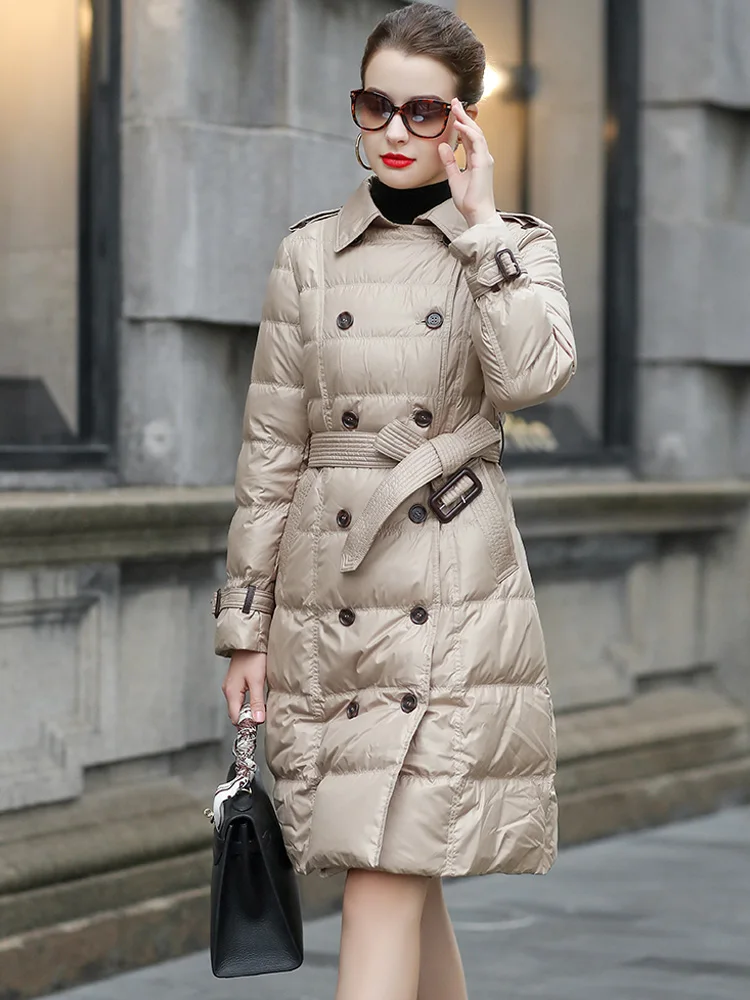Janveny British Down Trench Coat 2022 Winter 90% Duck Down Jacket Women Mid-Long Parkas England Style Female Puffer Overcoat