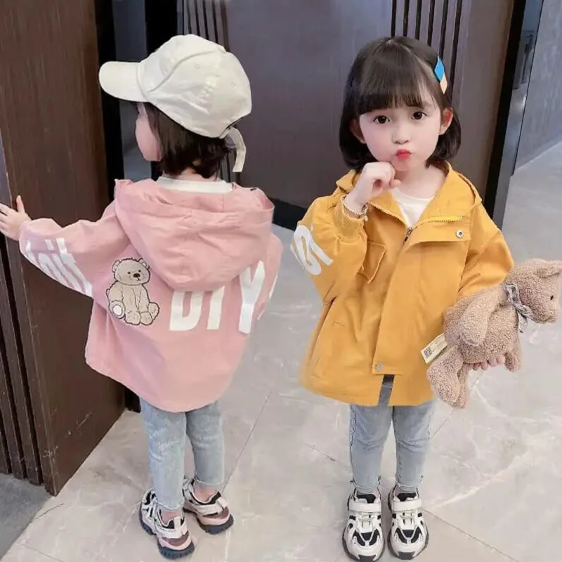 

Spring 2-7Years Old Children's Baby Windbreaker Jacket For Girl Cotton Hooded Cartoon Patchwork Trench Girls Kids Clothes Coats