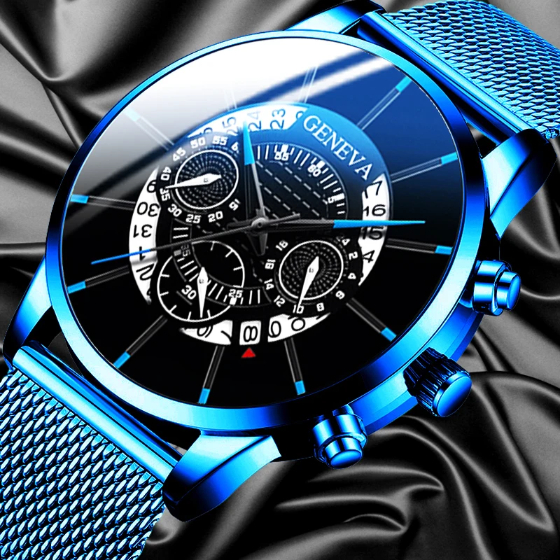 

Часы наручные мужские кварцевые с календарём, люксовые модные деловые, с синим сетчатым браслетом из нержавеющей стали