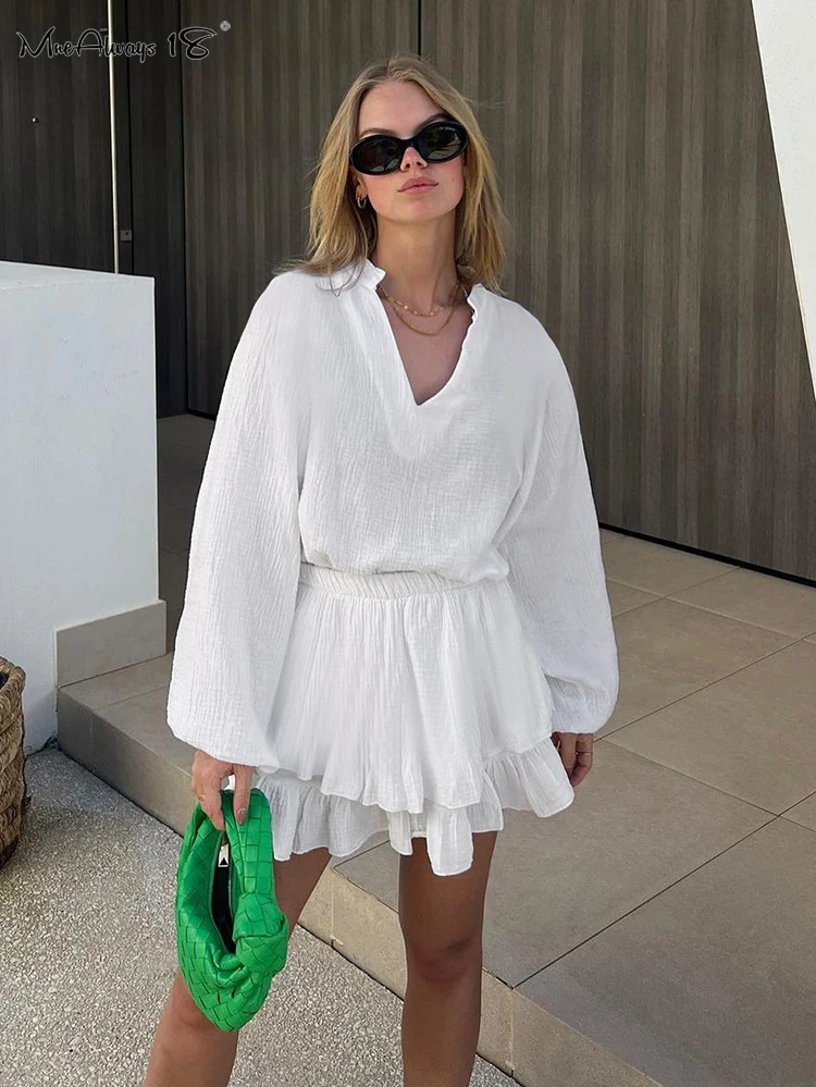 

Mnealways18 Cotton Women Skirts Vacation Outfits Lantern Sleeve V-Neck Tee Shirts And Ruffled Skirts 2 Pieces Suits Casual Lady