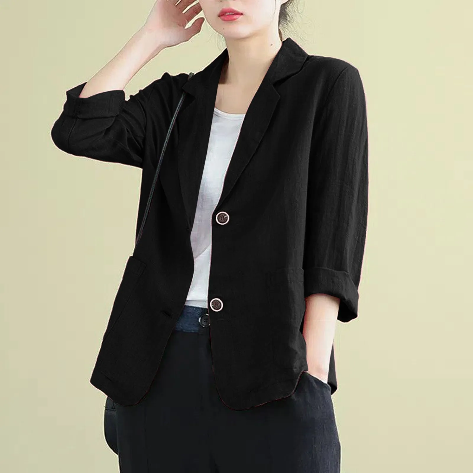 Куртка женская демисезонная из хлопка и льна Свободный Повседневный Блейзер