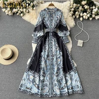 e girls women palace style elegant printing dress spring new stand up collar single breasted waist thin large swing dress