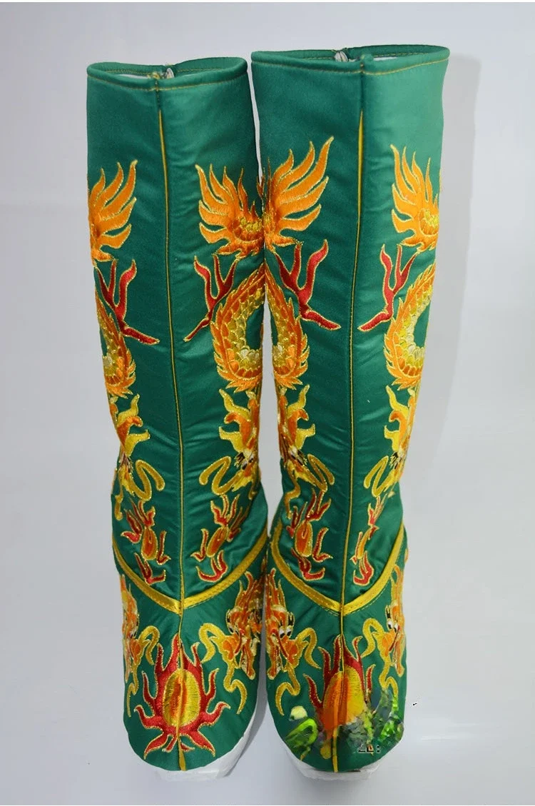 Яркие зеленые официальные ботинки высота 28 см вышитые Гуань гонг