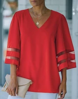 2022 new contrast mesh bell sleeve top red v neck batwing sleeve shirt female top woman clothes simple daily top