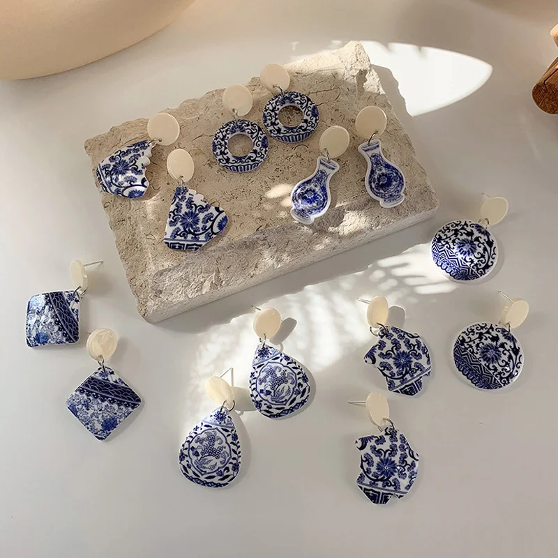 

Pairs Handmade Blue And White Porcelain Earring Vintage Ceramic Woman Lady Drop Earrings Dangle Acrylic Earrings Brincos Femme