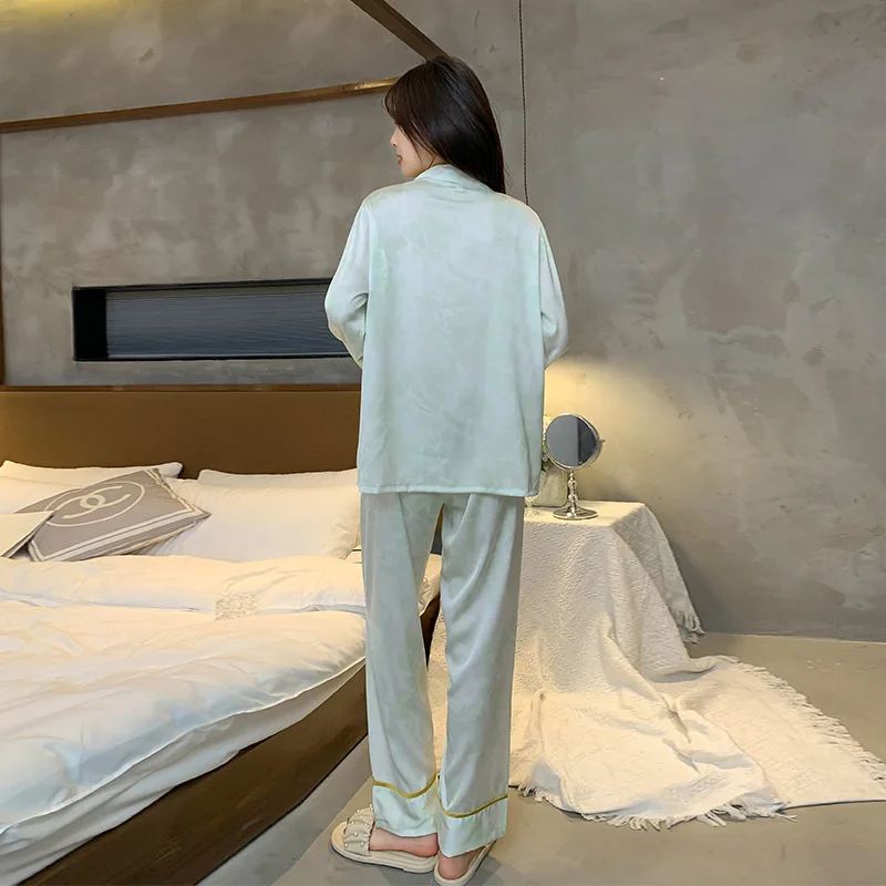 Ice Silk Pajamas Women's Summer High-end Solid Color Satin Thin Loose Long-sleeved Trousers Home Service