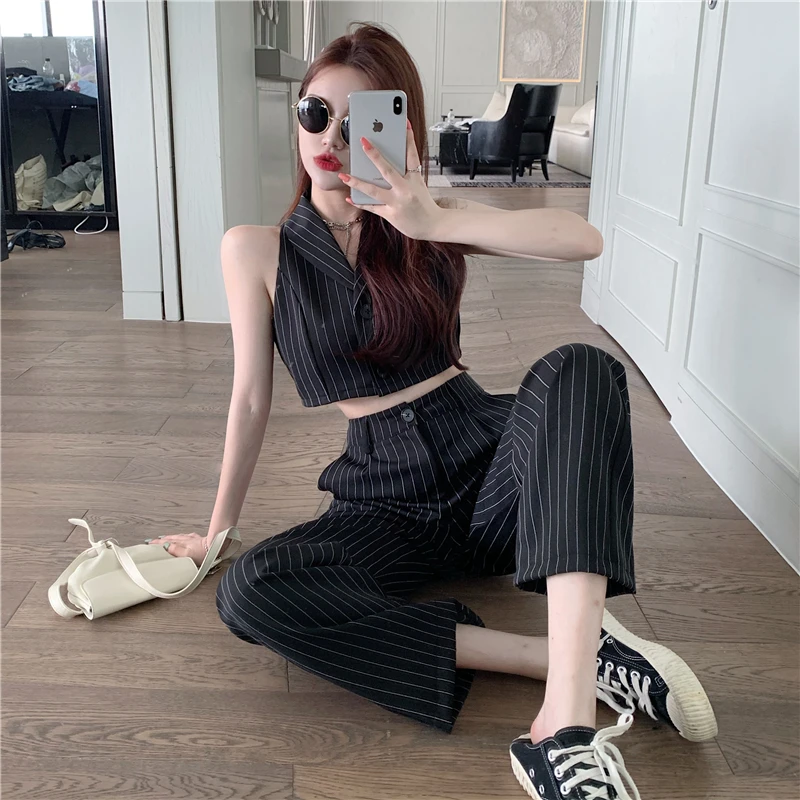 

Loose Striped Tailored Trousers Wide Leg Pant Suits Lapel Sleeveless Black Blazer Vest Thin Jacket Office Lady Sexy Casual Sets