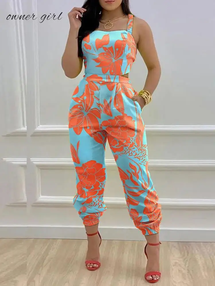 

Summer Sleeveless Long Jumpsuit For Women's Casual Solid Color Print Women Jumpsuits Office Fashion Ladies Back Hollow Overalls