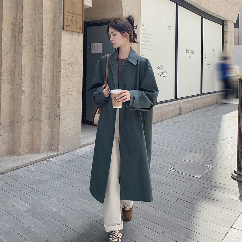 Серо-зеленая длинная блестящая Осенняя новая однобортная Повседневная