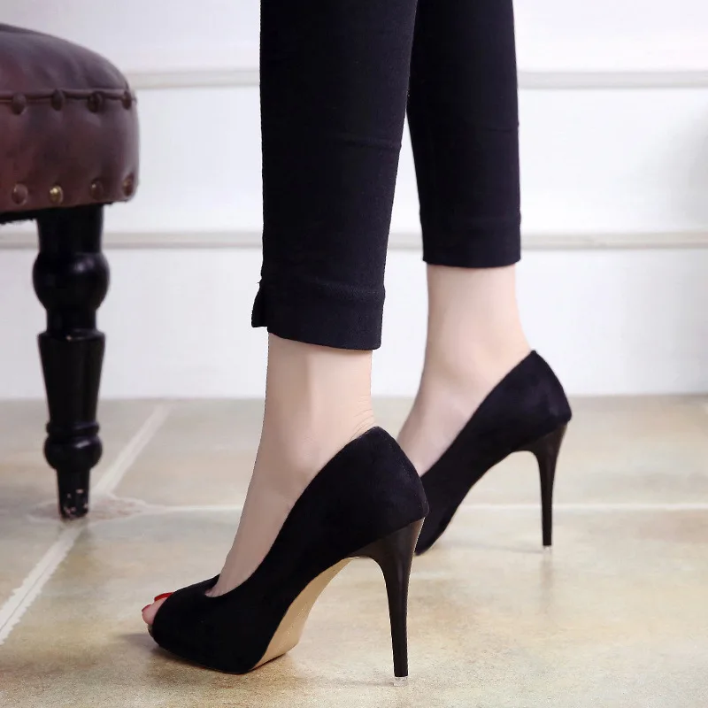 Fashion OL Summer Pumps For Women Office Shoes Solid Peep-toe 10cm High Heels Womans Party Shoes Flock Black Female Heeled Shoes