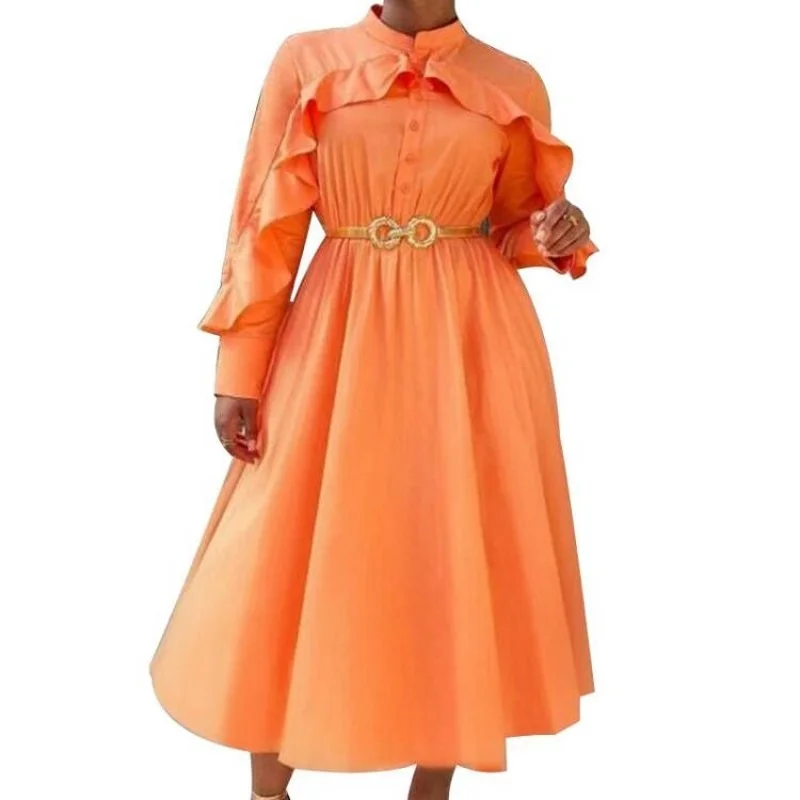 

African Shirt Dresses Women Stand Collar High Waist Mid Calf Robes 2022 Fashion New Ruched Patchwork African Office Lady Dress