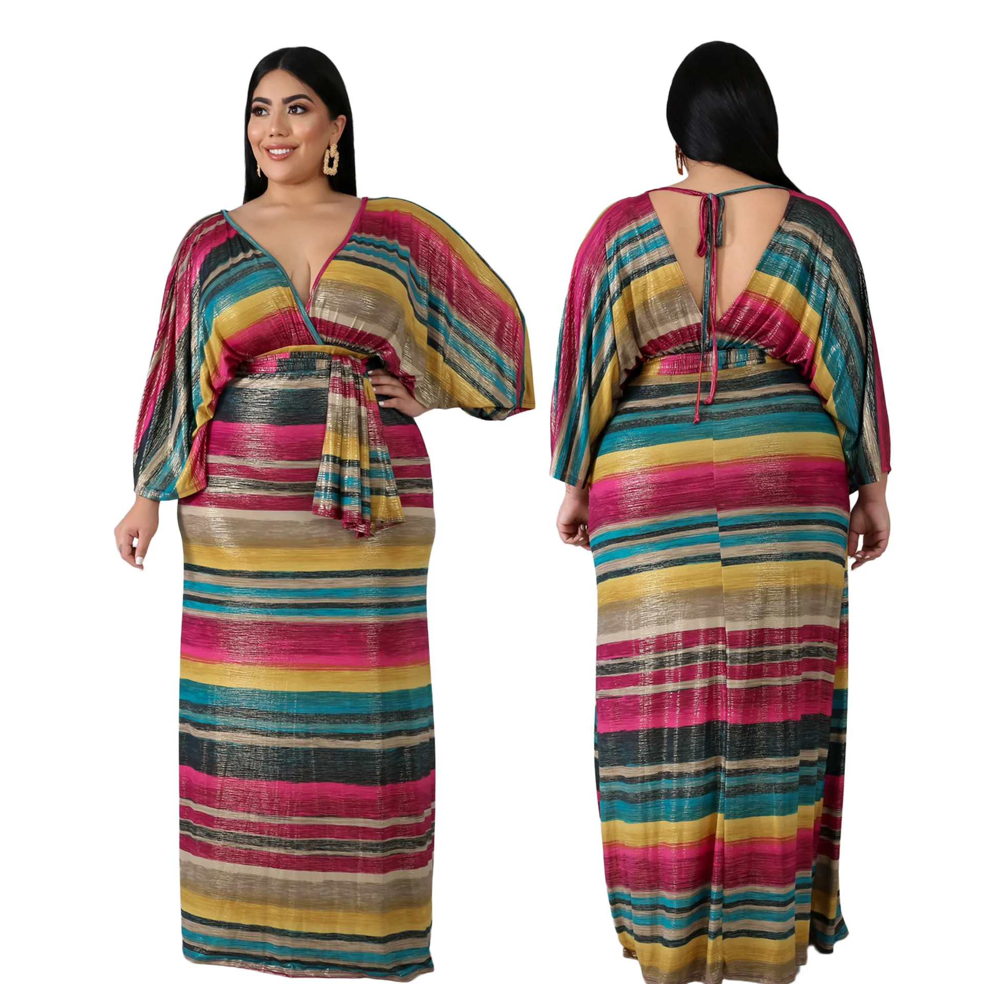 Dresses Plus Size Women's Clothing Elegant Chic Bat Sleeve Sexy Evening Dress Fashion Casual Color Striped V-neck Party Dresses